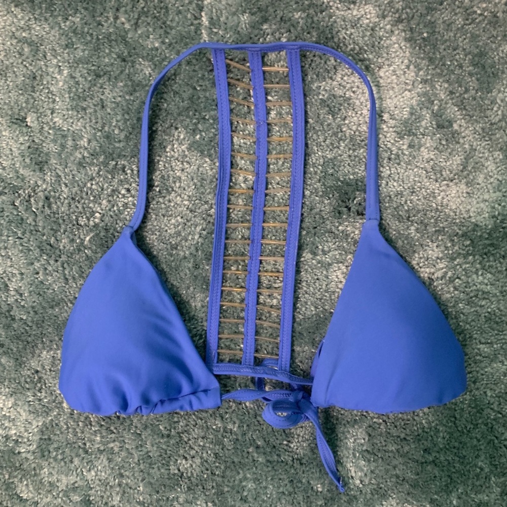 blue tie front bikini top
